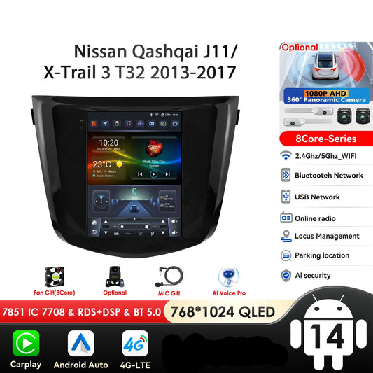 Nissan Qashqai J11 X-Trail 3 T32 2013-2017 9" Android 14 Carplay Android auto wireless wifi bt gps 4g  AUTM5DN7