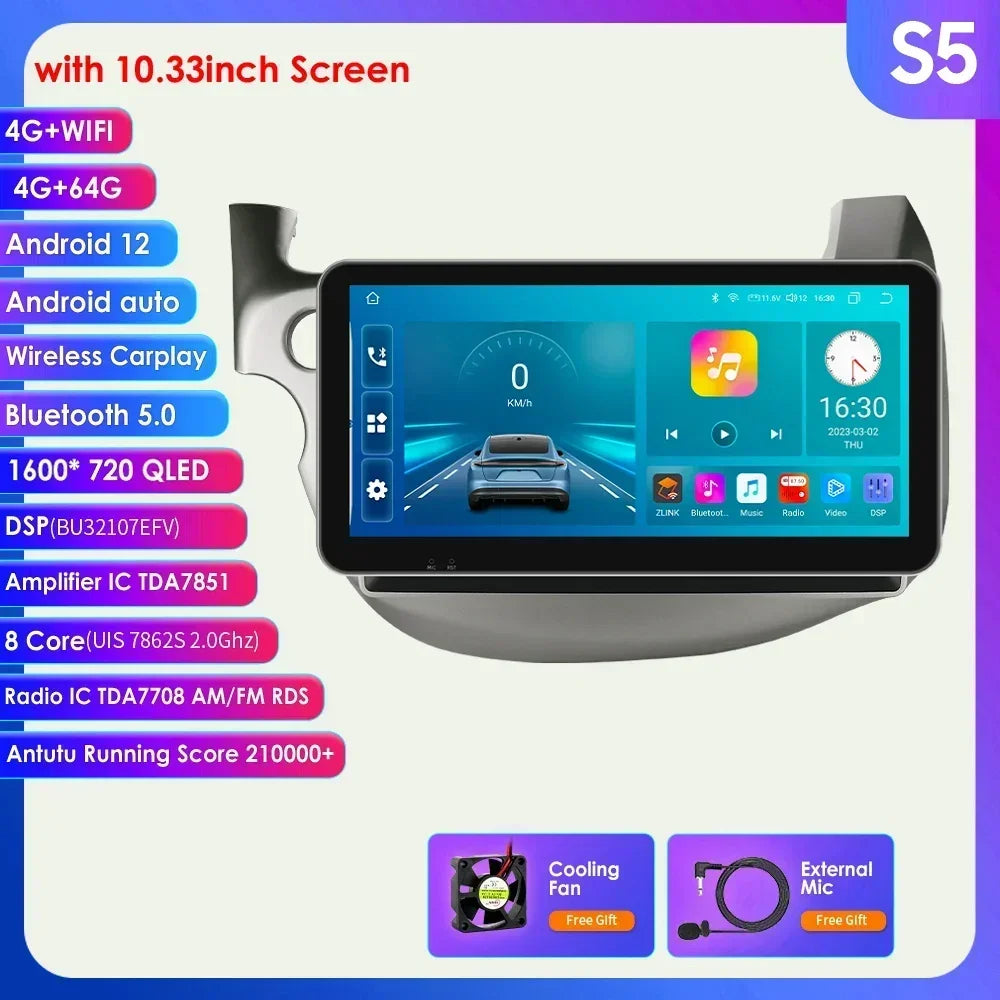 HONDA FIT JAZZ 2007-2013 9" Android 14 Carplay Android auto wireless wifi bt gps 4g  AUTMJZFHD