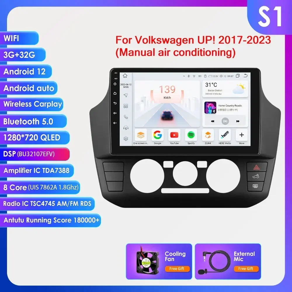 Volkswagen UP! 2017 -2023 9" Android 14 Carplay Android auto wireless wifi bt gps 4g  AUTMYZ23