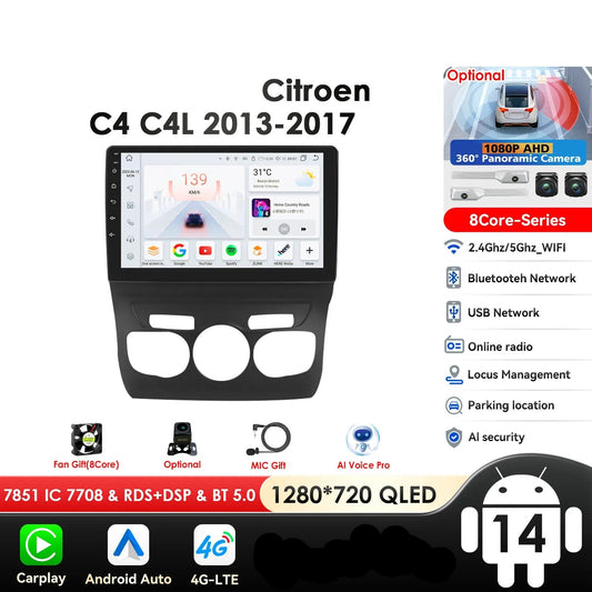 Citroen C4 C4L 2013-2017 9" Android 14 Carplay Android auto wireless wifi bt gps 4g AUTMFEMA