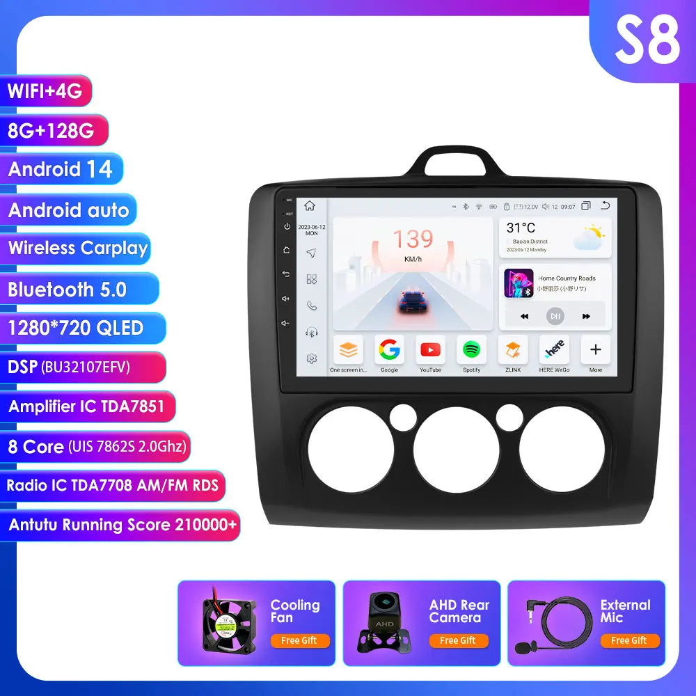 Ford Focus 2 3 Mk2 Mk3 2004-2011 9" Android 14 Carplay Android auto wireless wifi bt gps 4g  AUTMG5XX