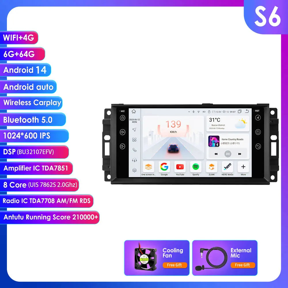 Jeep Wrangler Dodge Chrysler Journey Challenger Dakota Durang Avenger Ram 7" Android 14 Carplay Android auto wireless wifi bt gps 4g AUTMXLPF