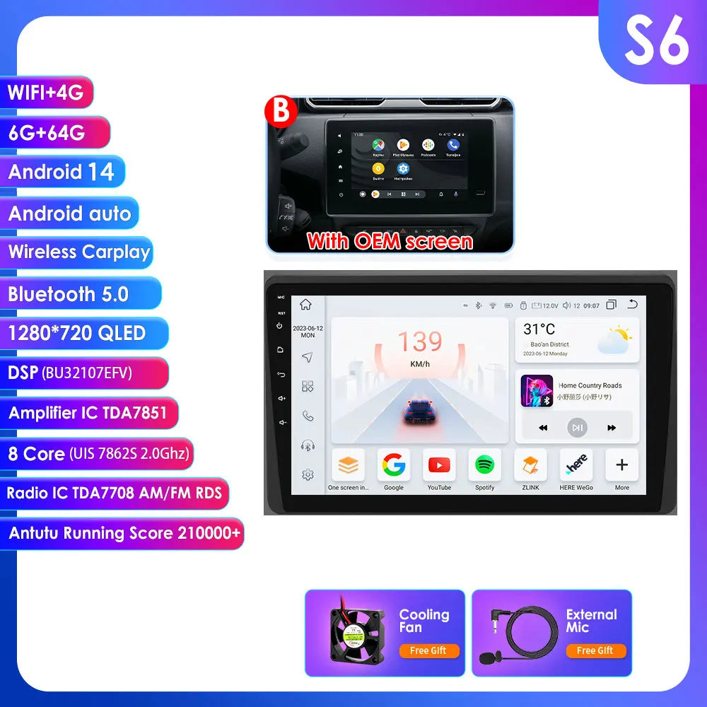 Renault Duster HM 2 Arkana 10,1" / 10,33" Android 14 Carplay Android auto wireless wifi bt gps 4g AUTMLWKH