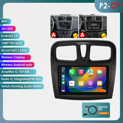 Dacia Logan 2 II Sandero 2  2012-2019 9" Android 14 Carplay Android auto wireless wifi bt gps 4g AUTMH2D9