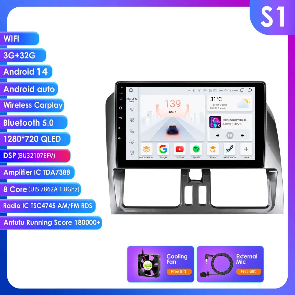 Volvo XC60 2008 - 2017 9" Android 14 Carplay Android auto wireless wifi bt gps 4g AUTMLM13