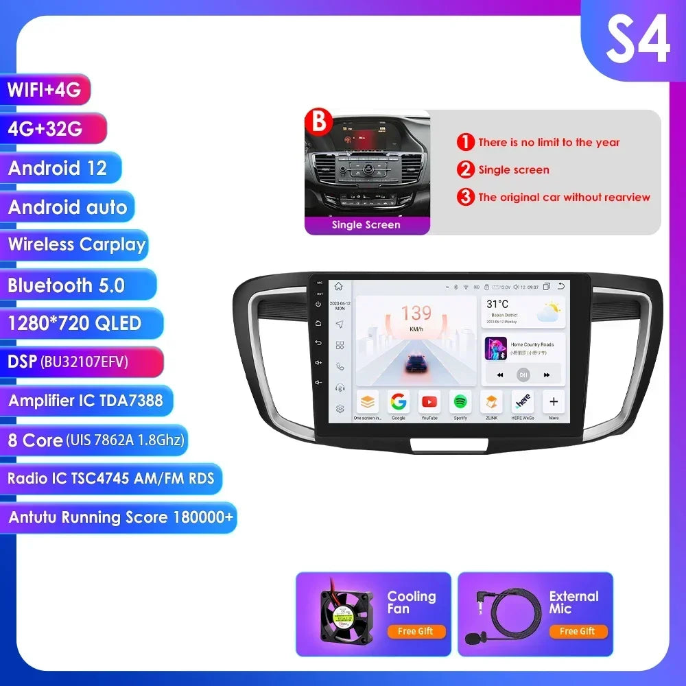 Honda ACCORD 9 2.0L 2.4L 2012  -2018  9"  Android 14 Carplay Android auto wireless wifi bt gps 4g  AUTMA22DH
