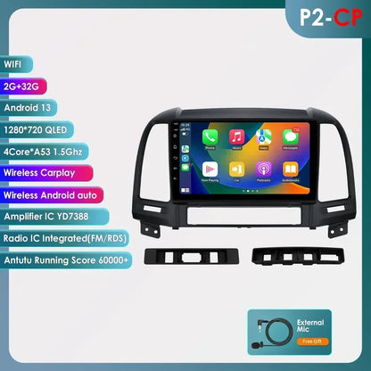 Hyundai Santa Fe 2 2006 - 2012 9" Android 14 Carplay Android auto wireless wifi bt gps 4g  AUTMC8Y7