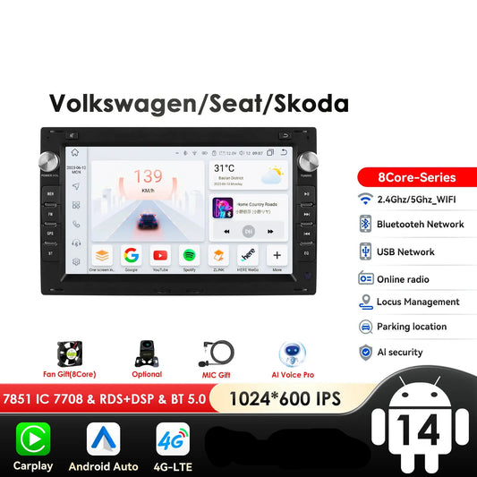 VW Golf 4 Passat POLO Transport T5 Multivan Seat Jetta 7" Android 14 Carplay Android auto wireless wifi bt gps 4g AUTMY82N