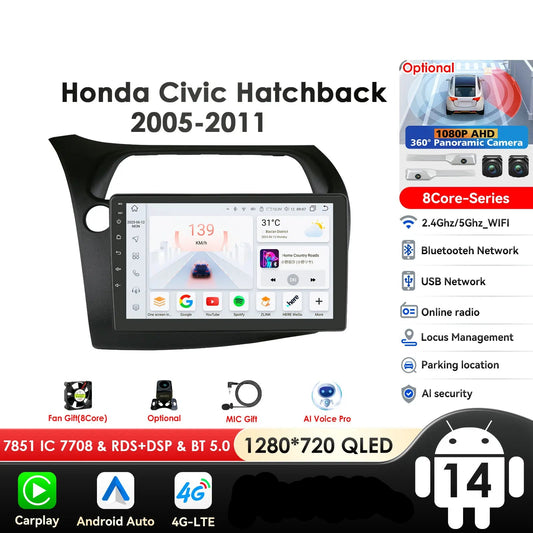Honda Civic Hatchback 2005-2011 9" Android 14 Carplay Android auto wireless wifi bt gps 4g AUTMKCHCA