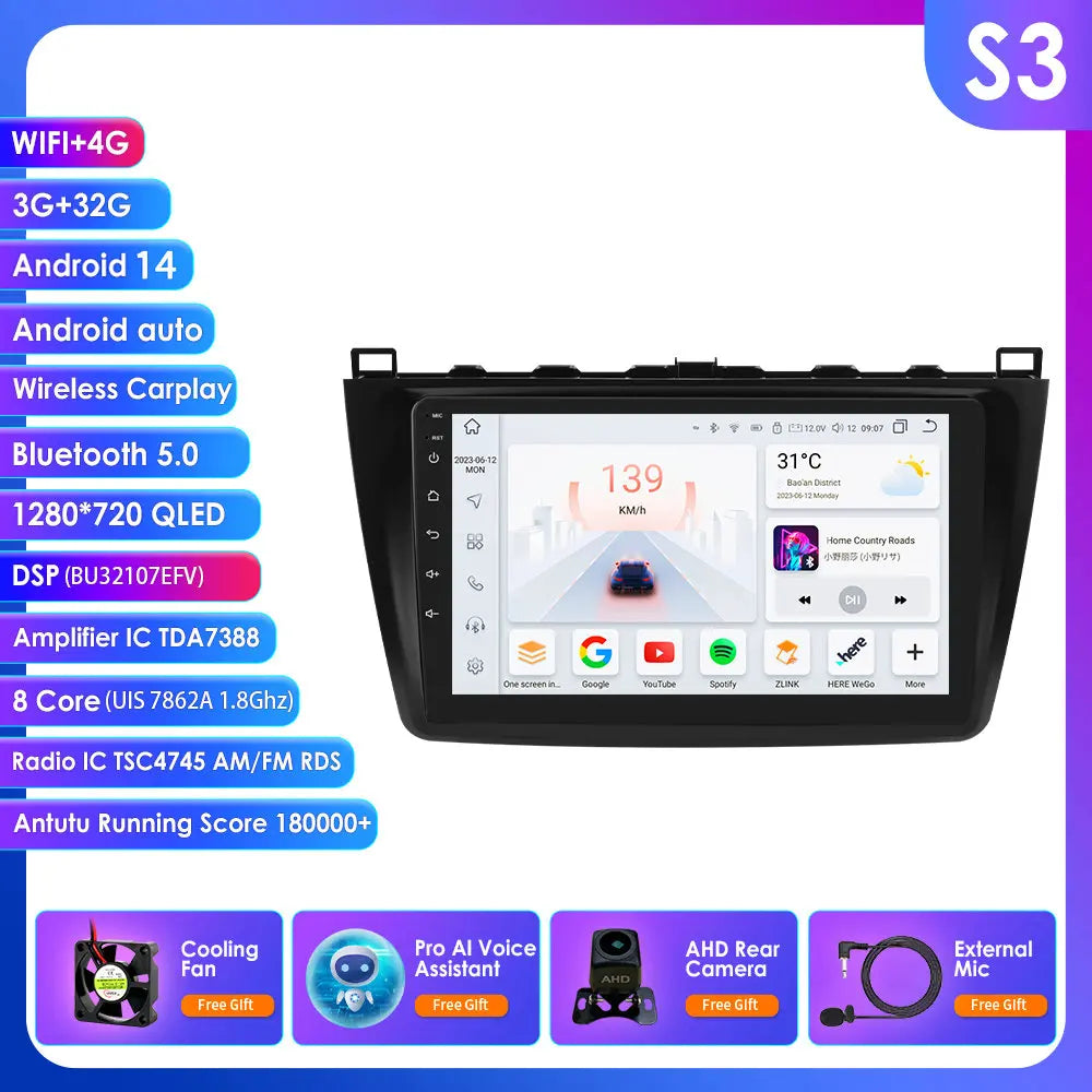 Mazda 6 2007 - 2012 9" Android 14 Carplay Android auto wireless wifi bt gps 4g AUTMJSBD
