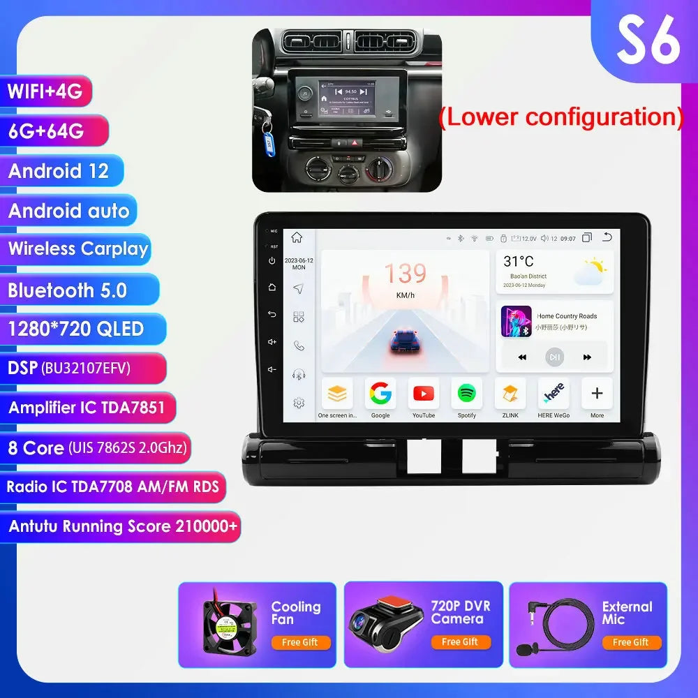 Citroen C3 C4 Aircorss  2017 - 2023 9" ANDROID 12 Carplay Android auto wireless radio RDS WIFI GPS BT USB AUTMCTRC349