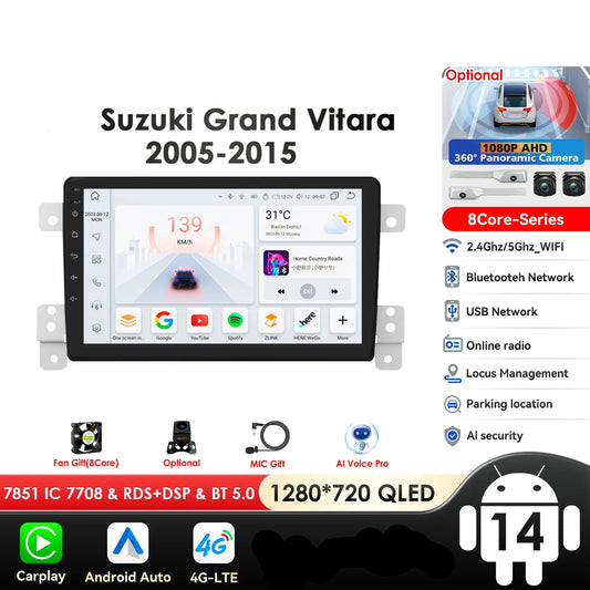 Suzuki Grand Vitara 3 2005 - 2015 9" Android 14 Carplay Android auto wireless wifi bt gps 4g AUTMAVRG