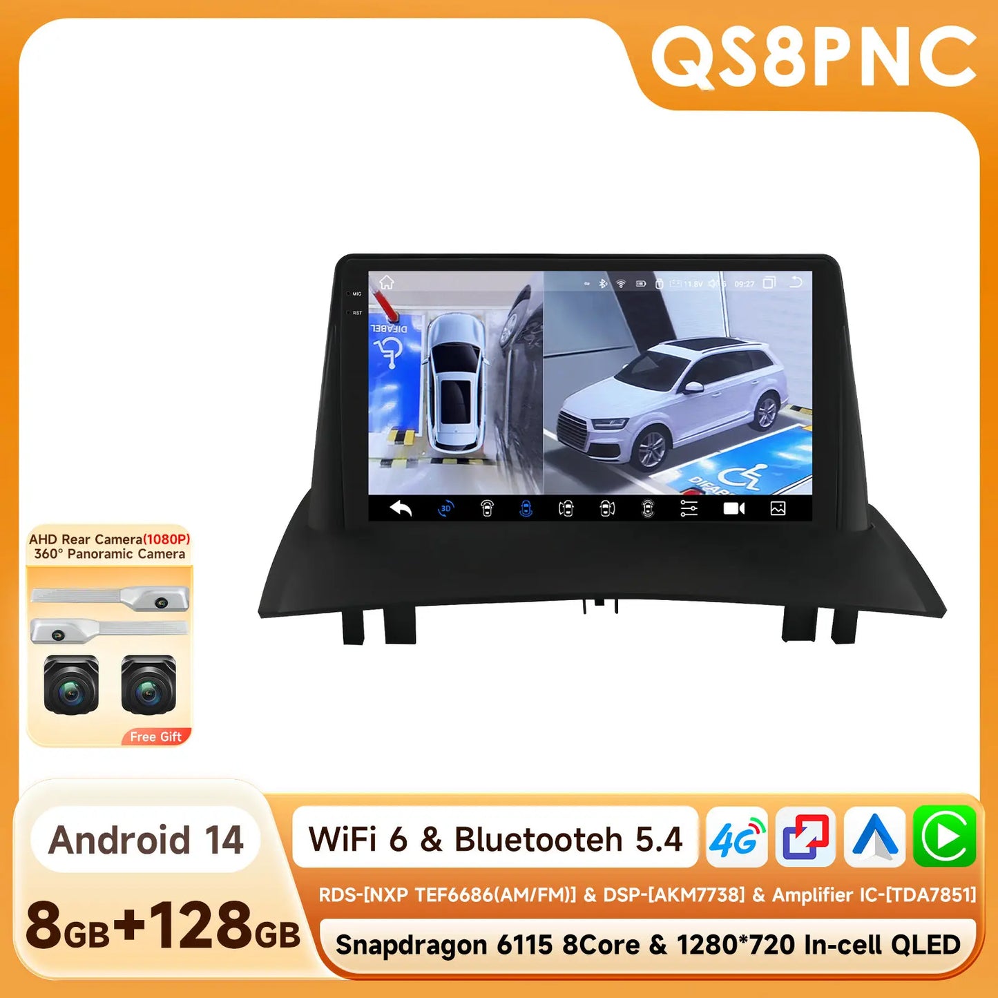 Renault Megane 2 2002-2009 9" Android 14 Carplay Android auto wireless wifi bt gps 4g AUTM6RPO