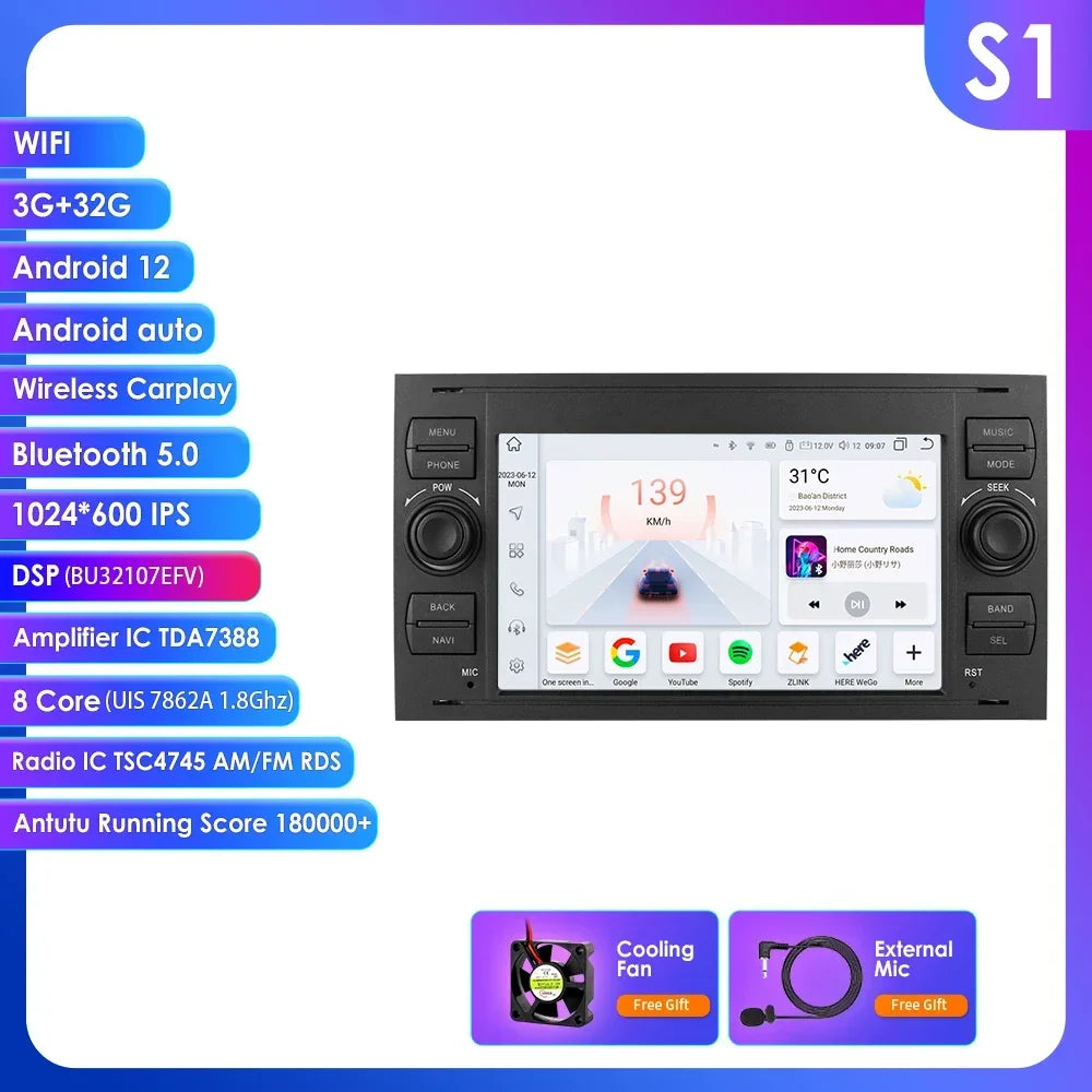 Ford Mondeo S-max Focus C-MAX Galaxy Fiesta Transit Fusion Connect Kuga 7" Android 14 AUTM58OQ Carplay Android auto wireless wifi bt gps 4g AUTM2PNO