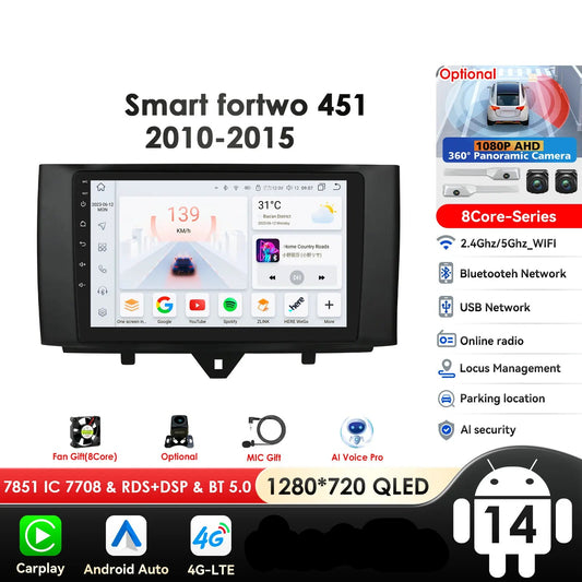 Smart Fortwo 2011-2015 9" Android 14 Carplay Android auto wireless wifi bt gps 4g  AUTMD7M1