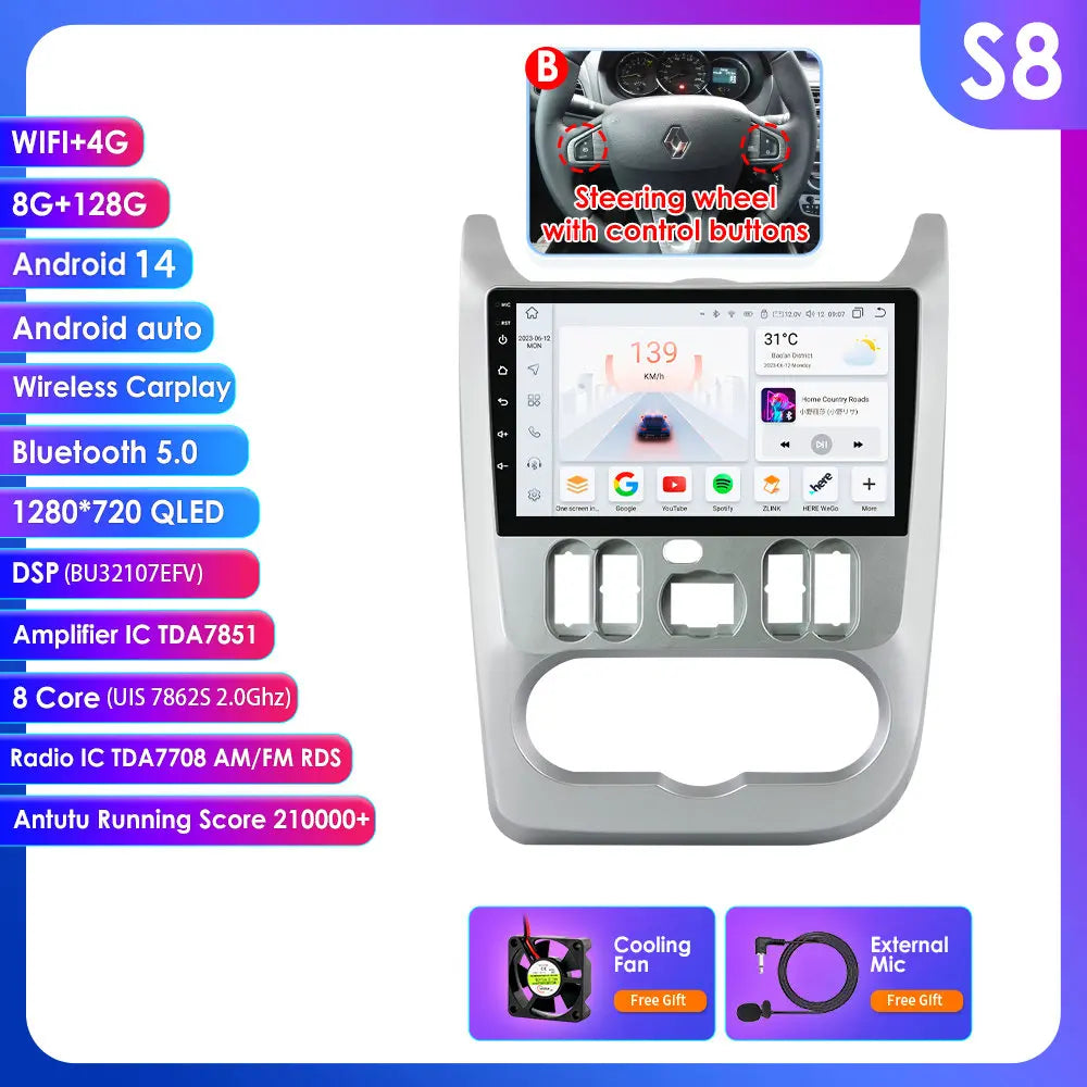 Dacia Logan I Sandero 2009-2015 9" Android 14 Carplay Android auto wireless wifi bt gps 4g  AUTMVG9Z