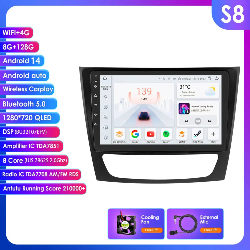 Mercedes Benz E-Class W211 E200 E220 E300 E350 E240 E270 E280 CLS W219 55 C W463 CLK 9" Android 14 Carplay Android auto wireless wifi bt gps 4g AUTMPAP0