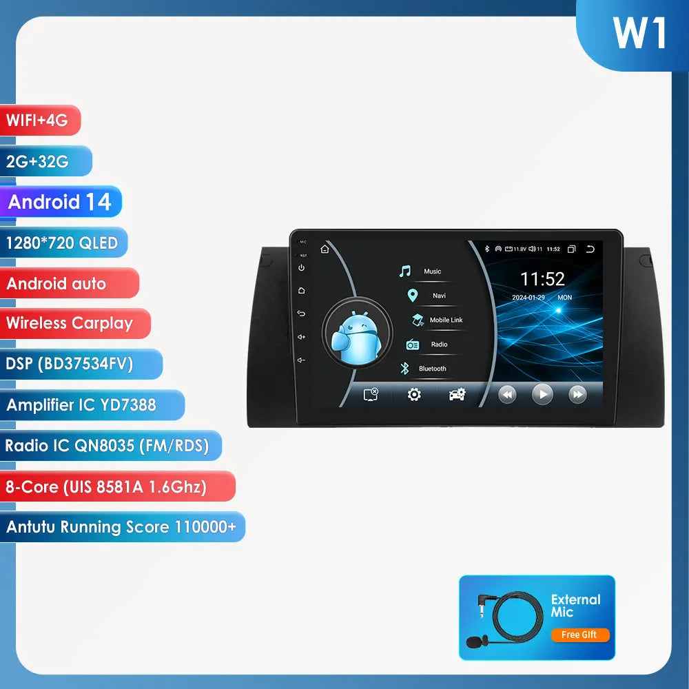 BMW 5 E39 E53 X5 1995-2006 9" Android 14 Carplay Android auto wireless wifi bt gps 4g  AUTM4O3C