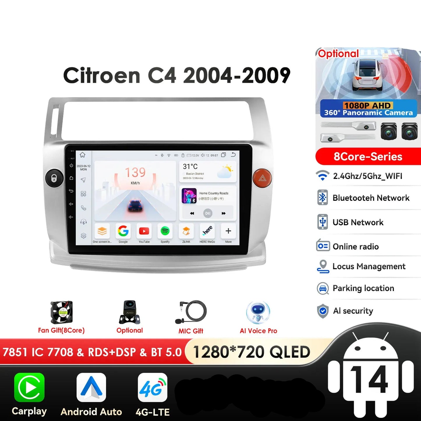 Citroen C4 C-Quatro 2004-2009  9" Android 14 Carplay Android auto wireless wifi bt gps 4g  AUTM4029
