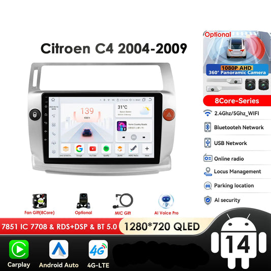 Citroen C4 C-Quatro 2004-2009  9" Android 14 Carplay Android auto wireless wifi bt gps 4g  AUTM4029