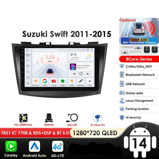 Suzuki Swift 4 2011-2015 9" Android 14 Carplay Android auto wireless wifi bt gps 4g  AUTMSCNB