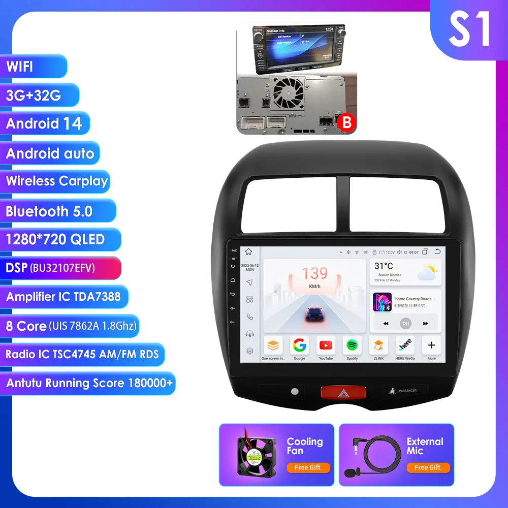 Mitsubishi ASX 1 2010 - 2018 9"Android 14 Carplay Android auto wireless wifi bt gps 4g RDS AUTMMTBSX