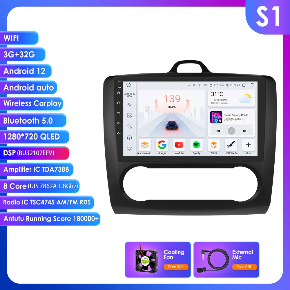 Ford Focus  2004-2011 9" / 10,33"  Android 14 Carplay Android auto wireless wifi bt gps 4g AUTMQRQU
