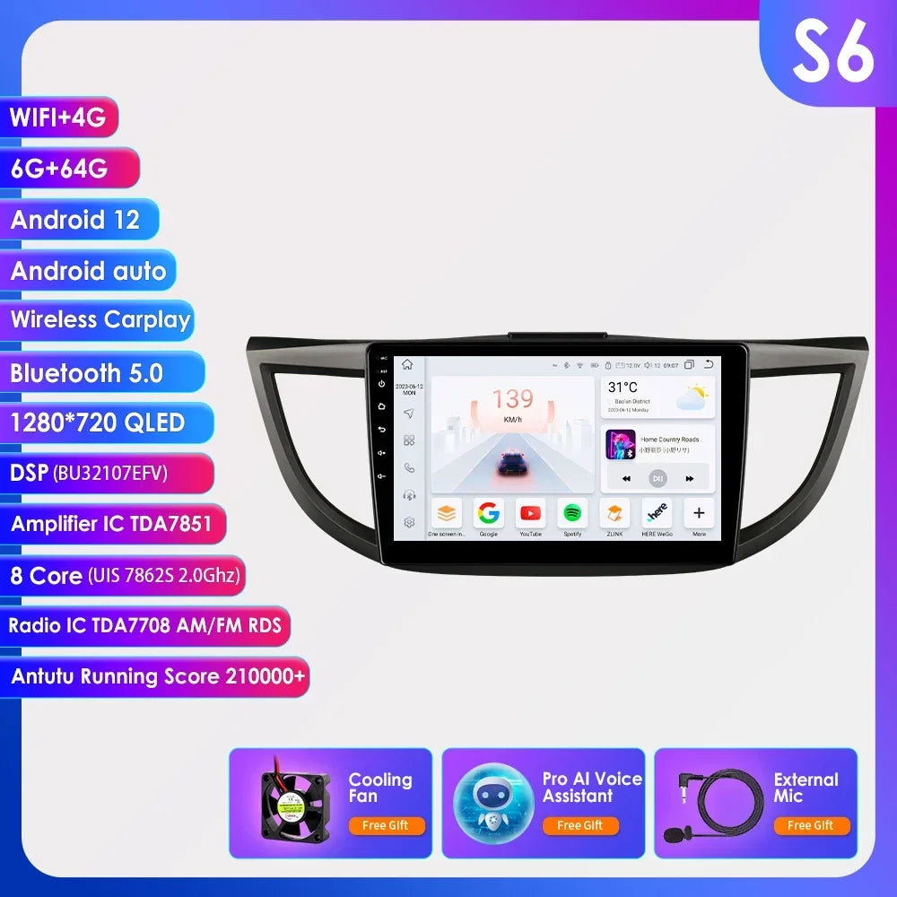 Honda CR-V 4th 2012-2016 9" Android 14 Carplay Android auto wireless wifi bt gps 4g AUTMVCRH4
