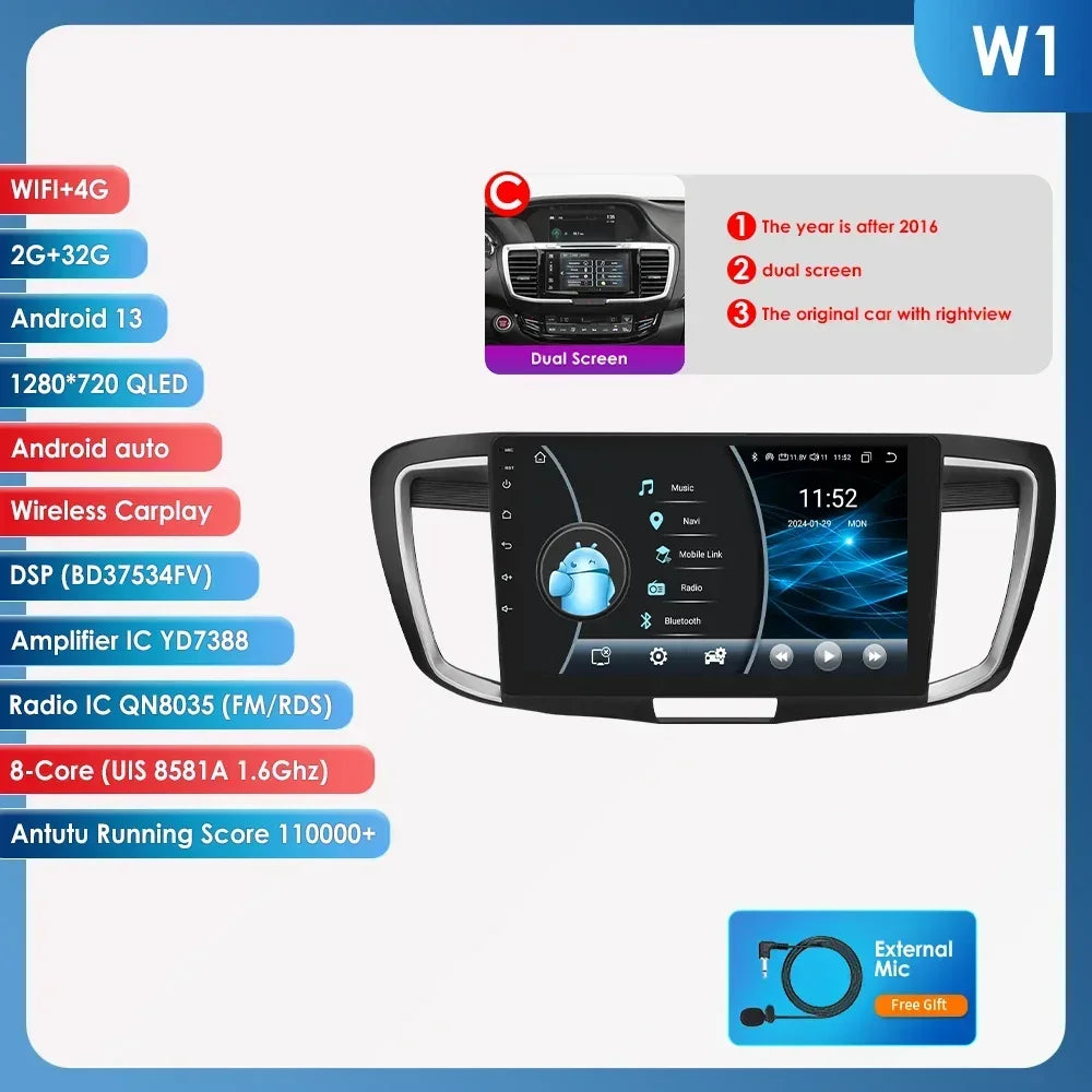 Honda ACCORD 9 2.0L 2.4L 2012  -2018  9"  Android 14 Carplay Android auto wireless wifi bt gps 4g  AUTMA22DH