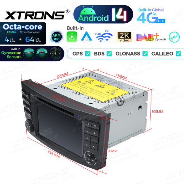 Mercedes Benz E-class W211 E200 E220 E300 E350 E240 E270 E280 W219 7" 4GB/64GB Octacore Android 14 CD / DVD /USB Carplay Android auto wireless wifi bt gps 4g  PX74M211GS