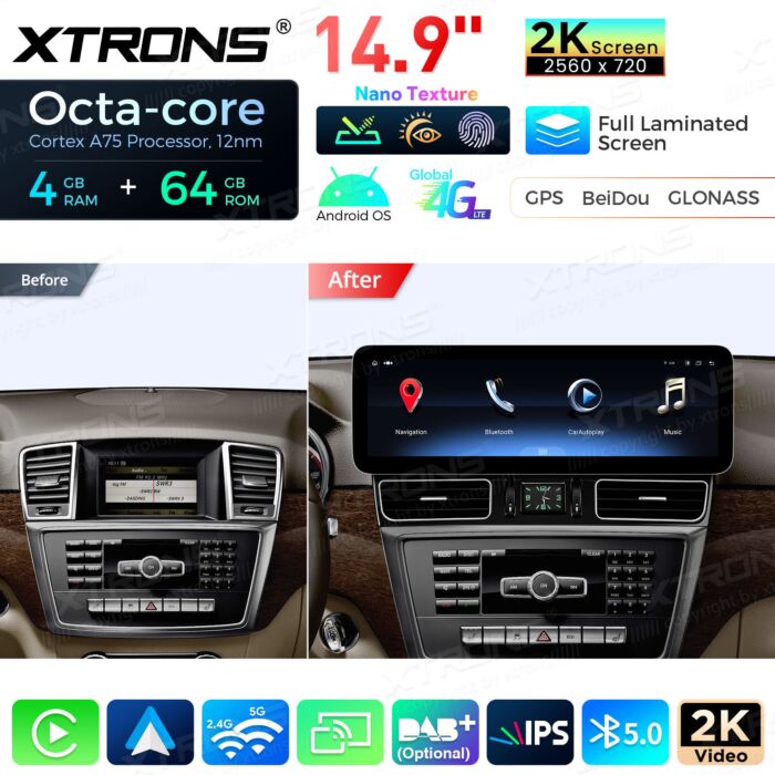 Autoradio Android da 14,9" con schermo Nano Texture 2K per Mercedes-Benz Classe M/Classe GL | Apple CarPlay e Android Auto | QLM4245MLS