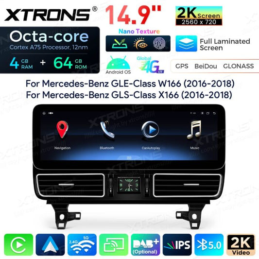 Mercedes-Benz Classe GLE W166/GLS - Classe X166 NTG 5.0/5.1/5.2  Android OS  14,9" Octa Core 4+64GB con schermo 2K  Carplay Android auto wireless Gps Wifi BT  4G QLM4450GLE