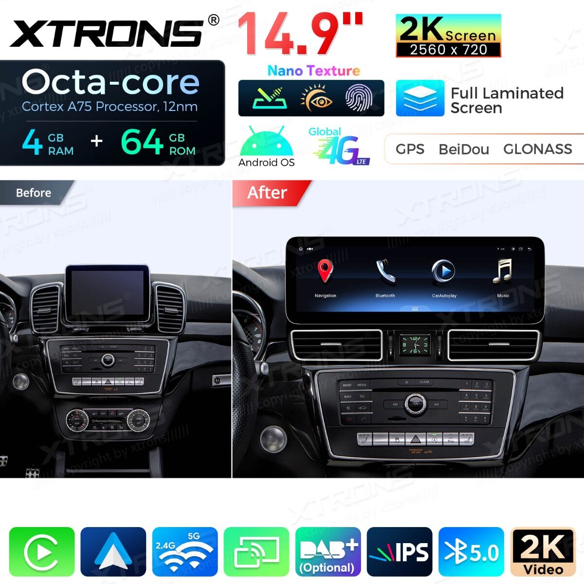 Mercedes-Benz Classe GLE W166/GLS - Classe X166 NTG 5.0/5.1/5.2  Android OS  14,9" Octa Core 4+64GB con schermo 2K  Carplay Android auto wireless Gps Wifi BT  4G QLM4450GLE