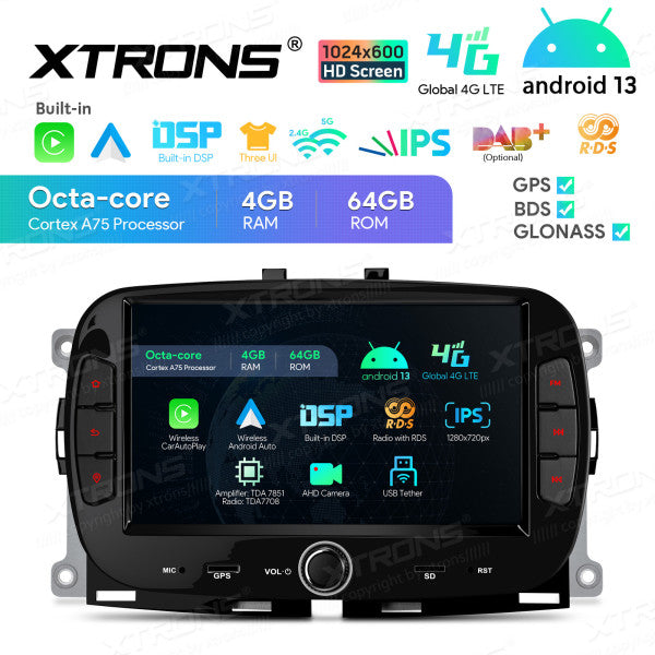 Fiat 500 (2016-2020) 7'' Android 13  Octa Core 4+64 Car Radio For  Car Stereo Multimedia Player Built-in DSP Carplay android auto 4G IA72500FLS