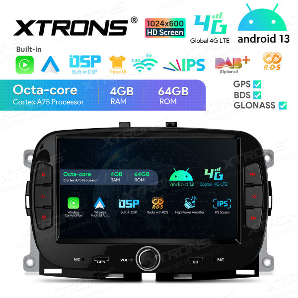 Fiat 500 (2016-2020) 7'' Android 13  Octa Core 4+64 Car Radio For  Car Stereo Multimedia Player Built-in DSP Carplay android auto 4G IA72500FLS