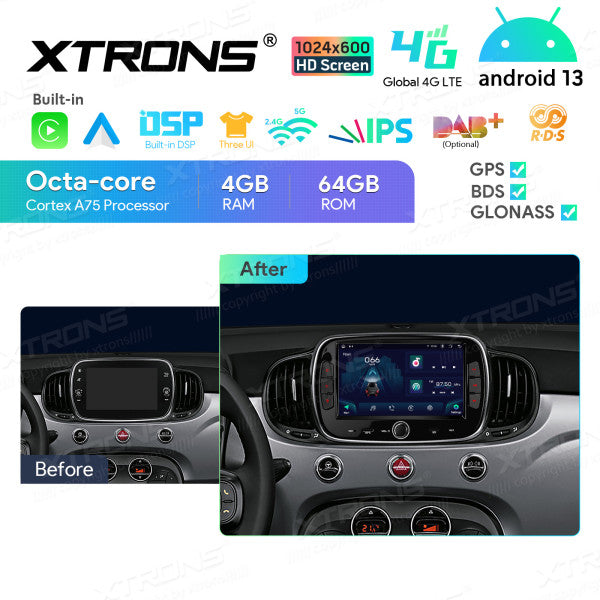 Fiat 500 (2016-2020) 7'' Android 13  Octa Core 4+64 Car Radio For  Car Stereo Multimedia Player Built-in DSP Carplay android auto 4G IA72500FLS